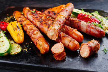 Traditional barbecue Bernese sausage with grilled vegetables served on an old rustic board