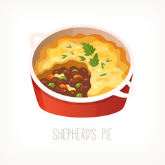 Shepherd's pie. Baked casserole clipart. Popular traditional english dinner dish with mashed potatoes. Classic british food. Isolated vector image for cafe menu and flyers.