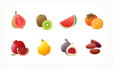 Collection of colourful icons of fresh asian tropical fruit. Whole fruit  with a slice images. Common organic products at grocery markets. Isolated vector images of tasty sweet exotic organic grocery.