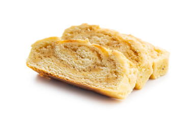 Sweet pie with nut flavor isolated on white background.