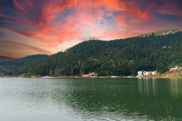 Abant lake in Bolu Turkey. Lake and mountain landscape with reflections at sunset. Beautiful nature view in Bolu Abant