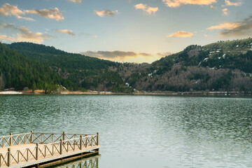 Abant lake in Bolu Turkey. Lake and mountain landscape with reflections at sunset. Beautiful nature view in Bolu Abant