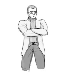 A young man in a jacket and glasses, a student, a young scientist, an employee of the company drawn graphic sketch for graphic design.