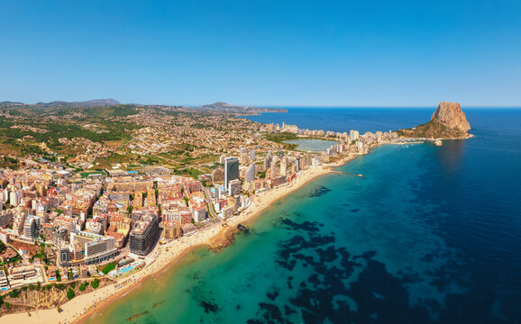 Aerial view of Calp city with beach and Ifach rock in Costa Blanca Spain
