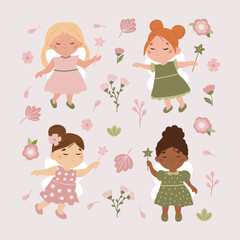 Set of fairies and flowers on pink background. Cute cartoon girls in butterfly costumes. Fairy tale characters. Flat style vector illustration.