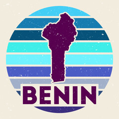 Benin logo. Sign with the map of country and colored stripes, vector illustration. Can be used as insignia, logotype, label, sticker or badge of the Benin.