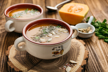 
pumpkin soup in a bowl on a wooden table, next to vegetables, seeds