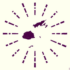 Fiji Logo. Grunge sunburst poster with map of the country. Shape of Fiji filled with hex digits with sunburst rays around. Modern vector illustration. - obrazy, fototapety, plakaty