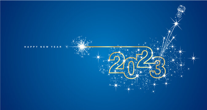 Happy New Year 2023 compact line design sparkle firework open champagne new year eve golden white blue vector wallpaper greeting card