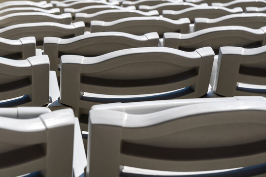 Rows Of Grey Stadium Seats, In Selective Focus, Useful For Backgrounds