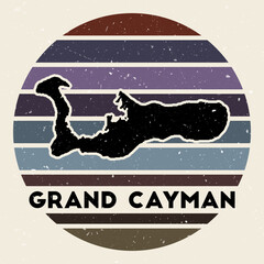 Grand Cayman logo. Sign with the map of island and colored stripes, vector illustration. Can be used as insignia, logotype, label, sticker or badge of the Grand Cayman.