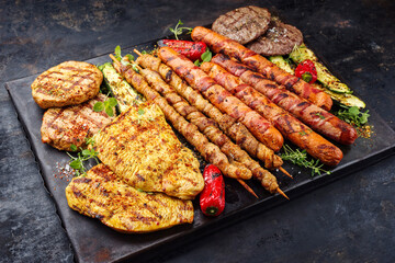 Traditional grill platter with bratwurst, hamburgers and steaks prepared for a summer barbecue served as a close-up on a rustic board