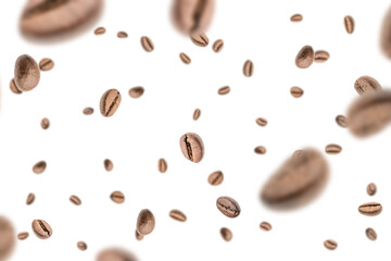 Coffee beans falling background. Black espresso coffee bean flying. Aromatic grain fall isolated on white. Represent breakfast for energy and freshness concept.
