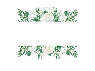 Floral wedding watercolor horisontal frame. Rustic style. White creamy roses, olive and gypsophila branches isolated on white background. Can be used for cards, banners, cosmetic design.