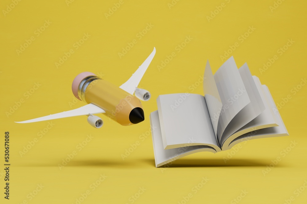 Poster the concept of returning to learning. a book and a pencil flying on the wings of an airplane. 3d ren
