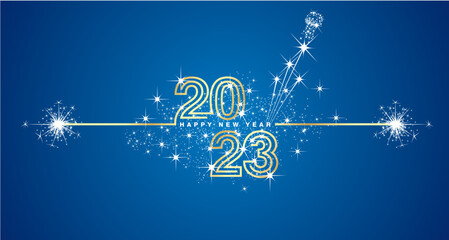 Happy New Year 2023 eve golden triple line design loading sparkle firework open champagne white blue vector wallpaper greeting card