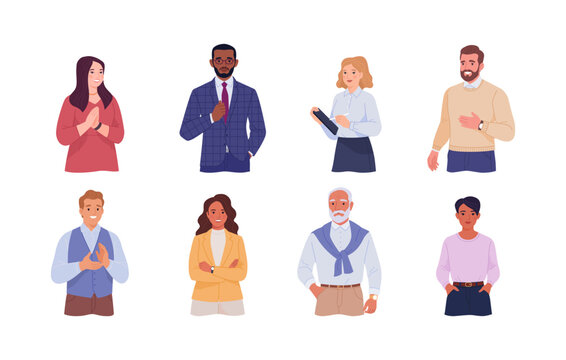 Business people avatars collection. Close-up vector cartoon illustration of people of different ages and ethnicities in office outfits. Isolated on white background