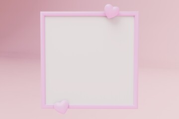 a gift for the holiday. beautiful frame with hearts on a pink pastel background. copy paste, copy space. 3D render