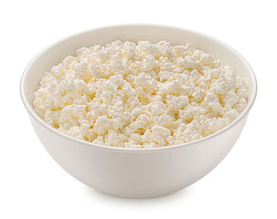 Bowl of cottage cheese isolated on white background