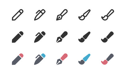 Paintbrush, pen, pencil icon set. Office tool silhouette symbol in vector flat