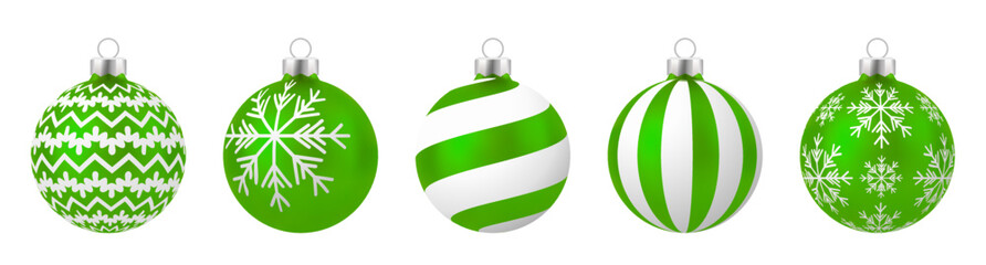 Set of Realistic green Christmas balls with ornament isolated on white background.