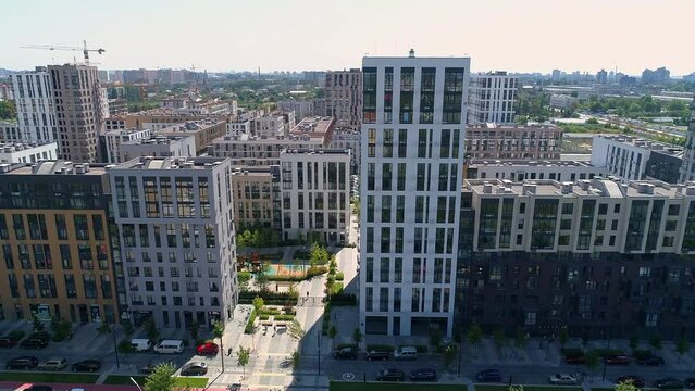Drone aerial view modern building Residential complex Nice town. Construction of residential premises. Kyiv capital of Ukraine
