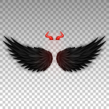 Devil horns and black wings isolated on transparent background. Monster, dark angel outfit. Masquerade, carnival costume. Daemon's red glossy horns and realistic wings. Three dimensional vector EPS 10