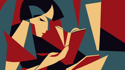 Abstract colorful silhouette of a woman with a book, art painting. Surreal art collage design.
