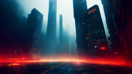 Futuristic cyberpunk city. Concept sci fi downtown at night with skyscraper, highway and billboards. 3D illustration.