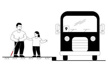 Blind man with the stick, white cane, and with the help of volunteer getting on the bus. White Cane Safety Day. Helping taking care of the blind by paving the way. Vector illustration