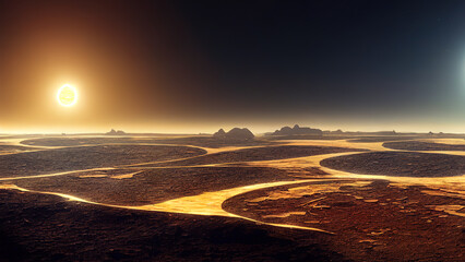 Alien planet landscape, dusk or dawn desert surface with mountains, rocks and sun shining on red and orange starry sky. Space extraterrestrial computer game background
