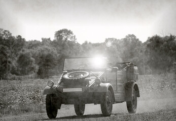 World War 2 vehicle in stained black and white - 530674891