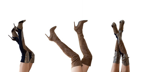 Set of Femail Stylish Brown suede female high boot with high heel.