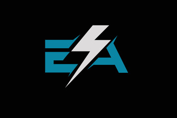 Initial vector design of blue EA letter logo, EA logo with thunderbolt. - obrazy, fototapety, plakaty