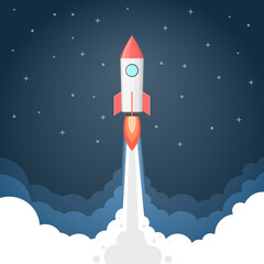 Rocket launch in the sky above the clouds. A spaceship in clouds of smoke. Business concept. The launch template. Horizontal background. Simple modern cartoon design.