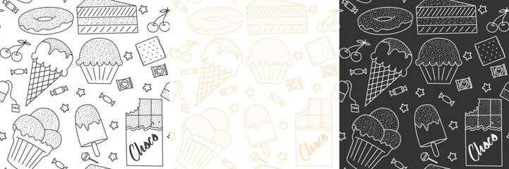 Sweet seamless pattern. Tile textures with a set of thin linear web icons. Vector illustration. Abstract background of sweets and pastries for mobile application, coloring book, website, presentation.