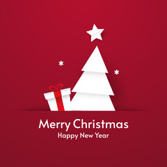 Merry Christmas wallpaper. Greeting card with paper cut Christmas tree. Vector Illustration.