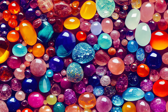 Colorful gemstones, mix of different shapes and colors, precious gems, 3d illustration