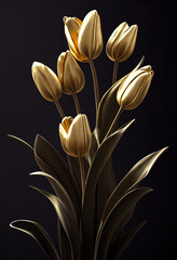 Golden tulips on dark background, elegant tulip bouquet, 3d illustration