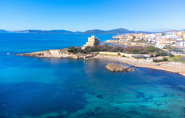 Aerial view of Alghero seafront on a sunny day