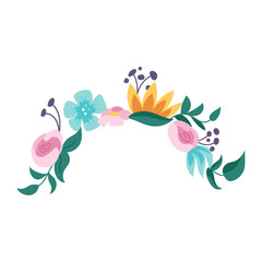 Cute wreath with flowers, leaves and branches in watercolor style. 