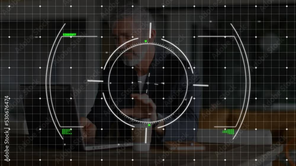Poster animation of scope scanning and data over caucasian businessman using laptop