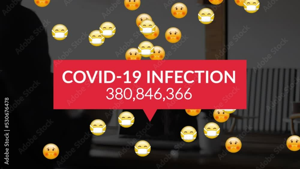 Poster animation of covid 19 data processing and smiling emojis over man using laptop