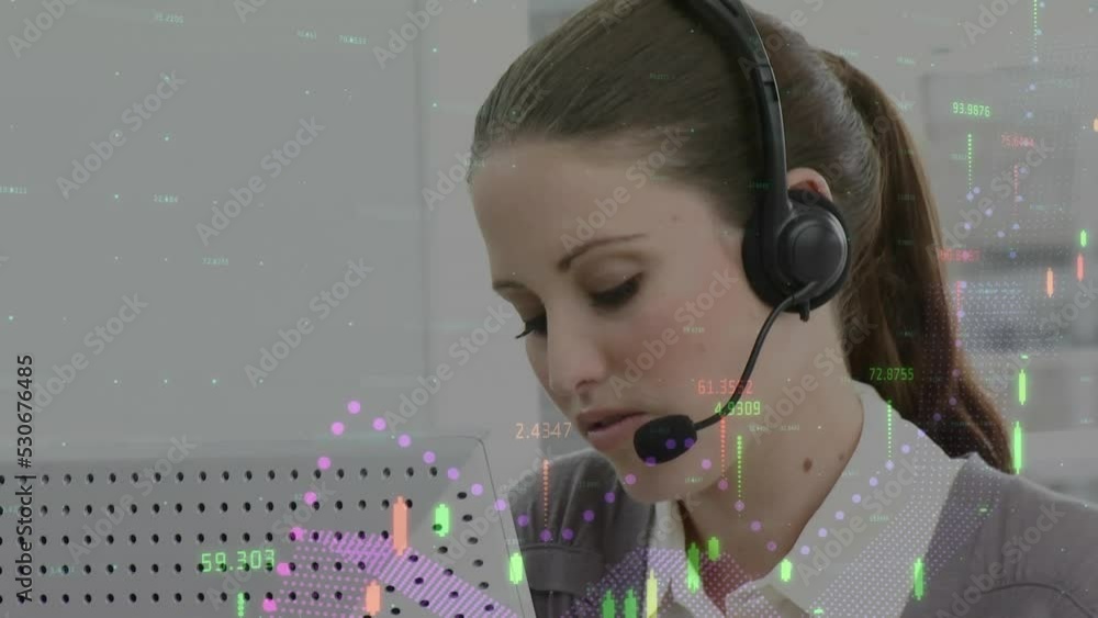 Poster Animation of financial data processing over caucasian businesswoman using phone headset