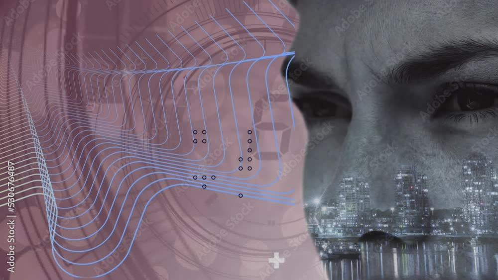 Poster animation of numbers and data processing over caucasian man and cityscape