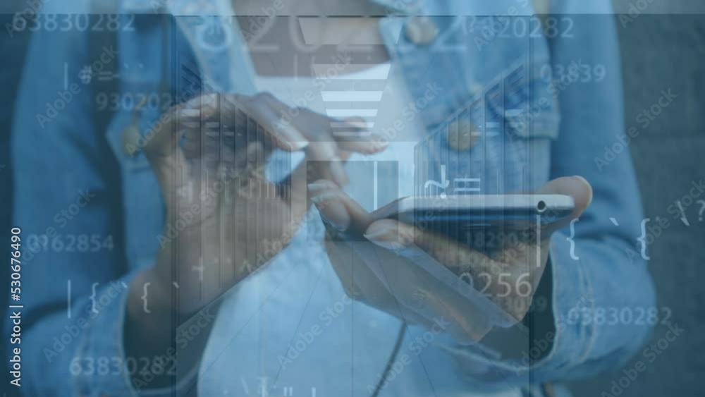 Poster Animation of numbers and data processing over african american woman using smartphone and servers