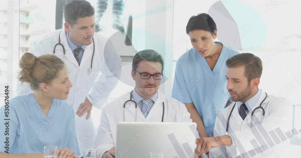 Poster animation of statistics and financial data processing over diverse doctors using laptop