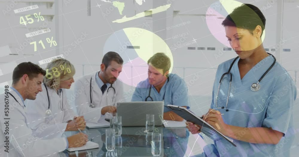 Poster animation of statistics and financial data processing over diverse doctors using laptop