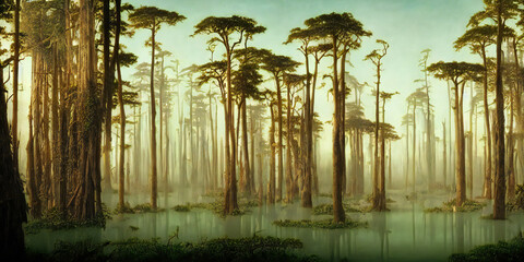 swamp in a cypress forest, lush flooded woodland with old trees - obrazy, fototapety, plakaty