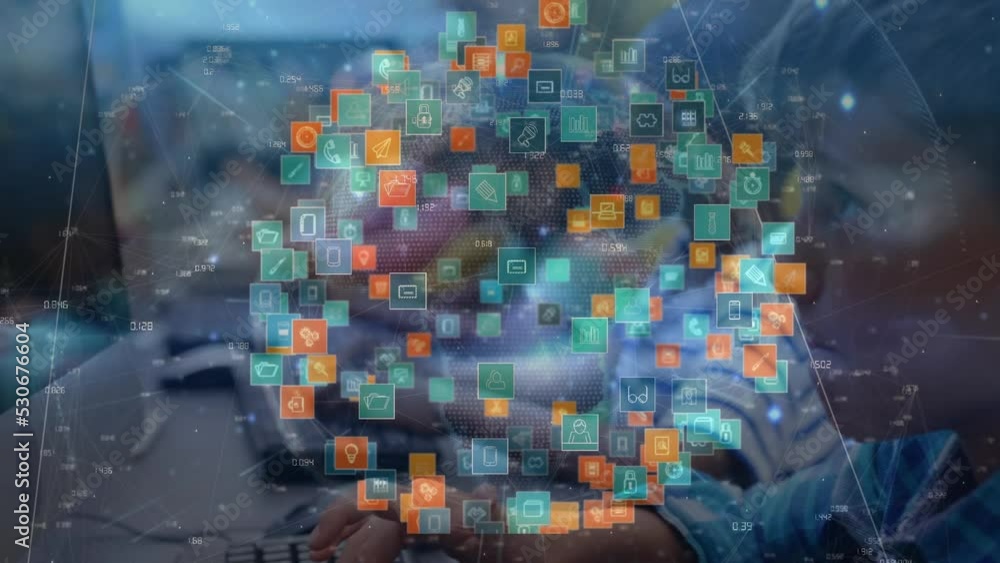 Poster animation of network of connections and icons over diverse schoolchildren using computers